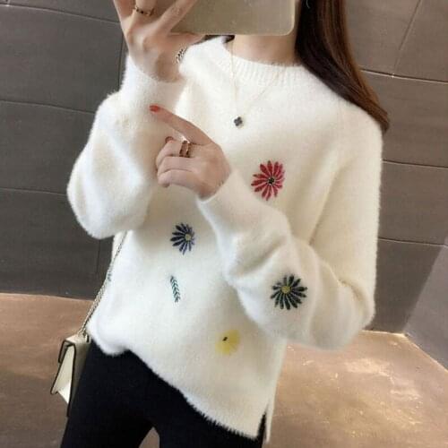 New Winter Knit Sweater Pullover Women Fashion Imitation Mink Velvet Cashmere Print Loose Clothes Korean White Clothes Female