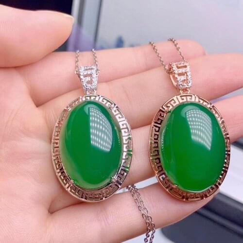 Big size clear green chalcedony gemstone pendant for women silver necklace classic green color natural gem girl birthday gift