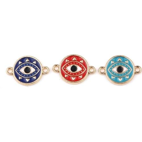 10PCs Evil Eye Connectors For Jewelry Making Zinc Based Alloy Round Gold Color Lake Blue Enamel Bracelet DIY Findings 19 x 13mm