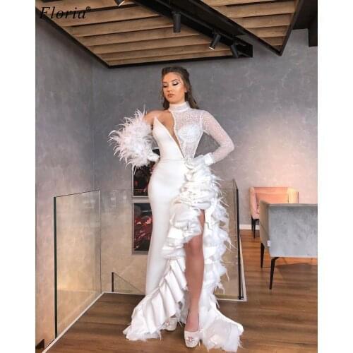 Robe De Soiree Plus Size White Evening Dresses 2020 Long Arabic Prom Dresses Woman Party Night Elegant High Cut Pageant Gowns