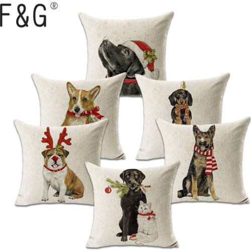 Christmas Bulldog Cotton Linen Pillow Cover Corgi Dogs Cushion Cover Decorative Throw Pillow Case Sofa Home Decor