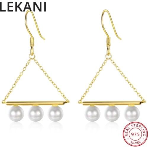 LEKANI Triangle Drop Earrings For Women New Fashion Pearls Jewelry Gold Plated S925 Silver Hanging Made With Swarovski Elements