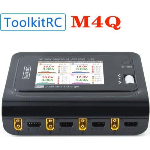 ToolkitRC M4Q 4x50w 5A 1-4S AC 100W 4 Ports XT60 XT30 DC Smart Charger 32 Bit ARM IPS Bright Clear Wide Angle Display