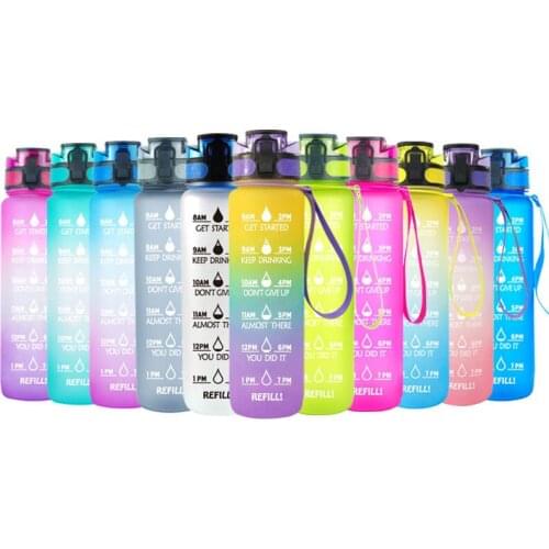 Tritan Material Water Bottle 1L with Bounce Cover Time Scale Reminder Frosted Leakproof Cup for Outdoor Sports Fitness