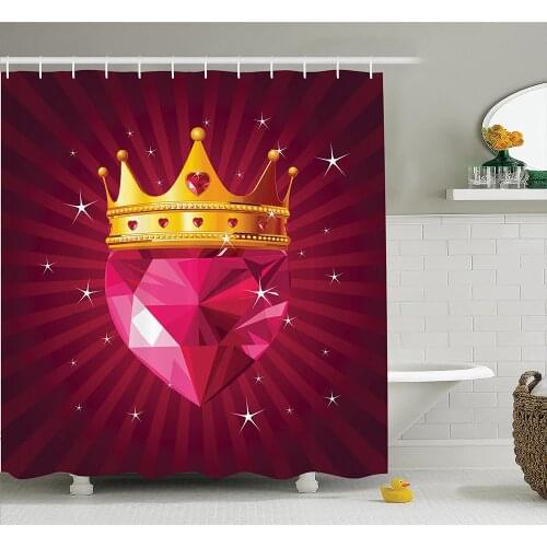 Diamond Shower Curtain Crystal Love Heart Diamond Wearing Crown Princess Queen on Radial Bath Curtains for Bathroom Decor