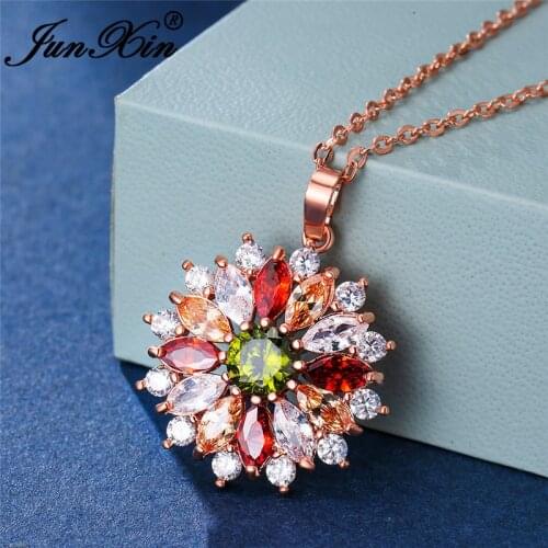 Boho Multicolor Crystal Big Flower Pendant Snowflake Necklaces For Women White Gold Rose Gold Chain Necklace Wedding Jewelry Cz