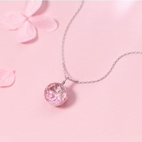 MloveAcc Cherry Blossoms Real Flower Glass 925 Sterling Silver Chain Pendant Necklace Women Fashion Jewelry