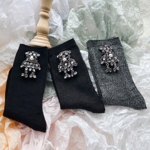 Handmade Diamonds Pearls Cartoon Bear Socks Women Modis 2020 Autumn And Winter New Arrival