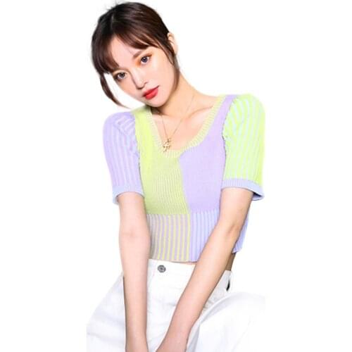 2020 Summer Beach Casual Sexy Tops Color Block Striped Short Sleeves O Neck Pullover Women Slim Top Blouse