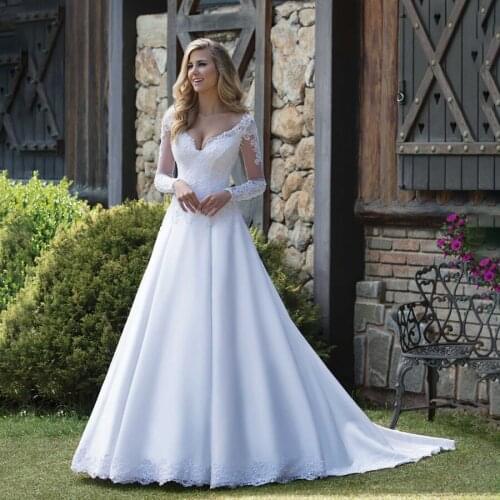 Vestido de festa longo V-neck A-line Matte Satin Bridal Dress Long Sleeves Applique Lace Wedding Dress