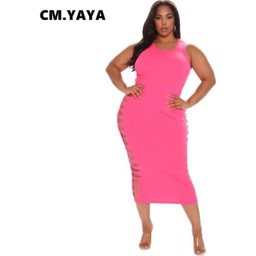 CM.YAYA Women Plus Size Dress Solid Sleeveless O-neck Side Hole Hollow Out Stretchy Skinny Maxi Dresses Sexy Vestidos Summer
