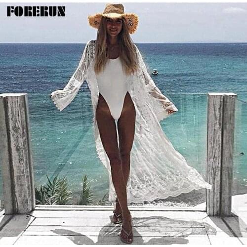 FORERUN Summer Lace Cover Up Women White Beach Dress Long Crochet Bikini Swim Cover-ups Transparent Praia Pareos De Playa Mujer