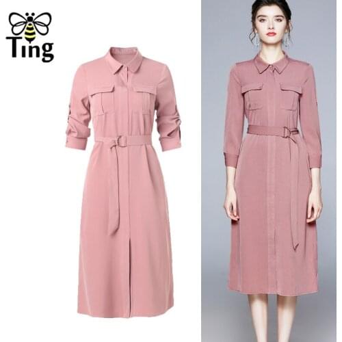 Tingfly Vintage Elegant Pink Single Breasted Women Shirt Dress Lapel Collar Straight Casual Lady Office Work Dress Vestidos Plus