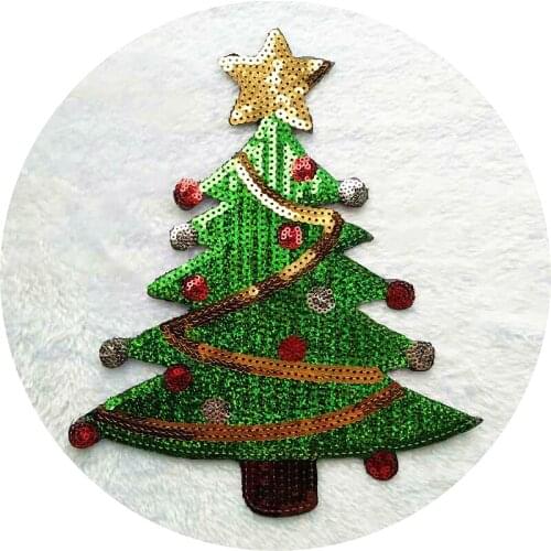 2Pcs Christmas Tree Applique Sequins Patches Sew-on Sequined Sticker for Clothes Bag Textile Craft Diy Repair Home Decoration