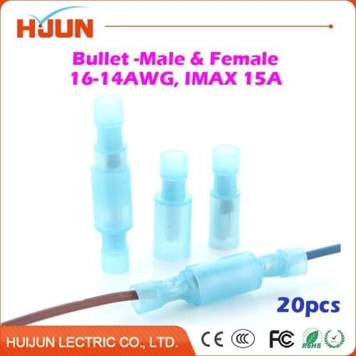20pcs/lot Bullet-Male & Bullet-Female Blue Quick Disconnect Wire Splice Insulation Terminal Connector 16-14AWG 1.5-2.5mm2 15A