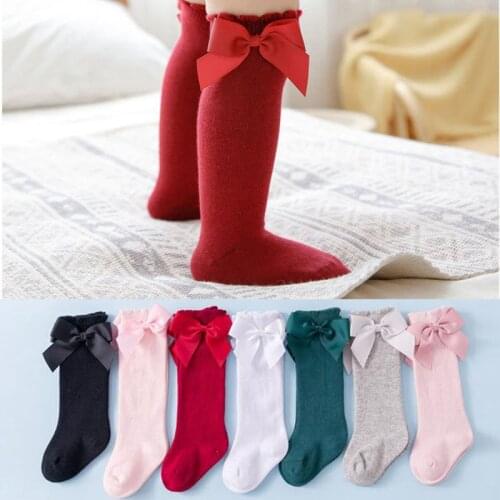 2021 girls Socks Toddlers kids Big Bow Knee High Quality Long Soft 100% Cotton Baby Lace Bowknot long Tube Socks