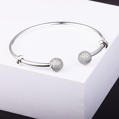 Open Bangle with Clear CZ Caps Genuine 925 Sterling Silver Bracelets Bangles for Women DIY Charms Jewelry Making Pulseras