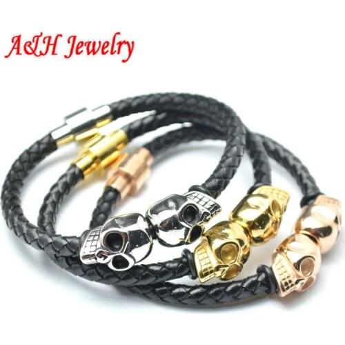 5pcs Mixed Color High Quality 316L Stainless Steel Shine Skull Heads 6mm Diameter Genuine Leather Bracelets For Men and Women
