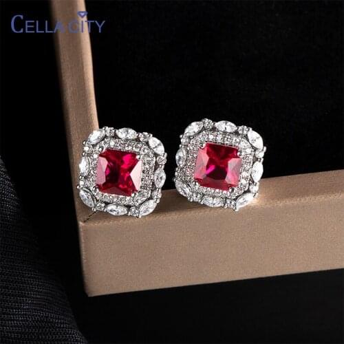 Cellacity Classic 925 sterling silver drop earrings for charm lady with square shape ruby gemstones 5a zircon jewelry gift