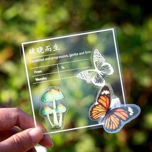 40 PCS Mushroom leaf butterfly PET Transparent Sticker Set Leaf Adhesive Stationery Stickers Decorative Label Stickers