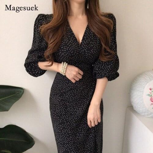 Summer Dress Women Slim Waist 2021 Elegant Lace-up Spring Fashion V-neck Puff Sleeve Polka Dots Party Dresses Vestidos 13297