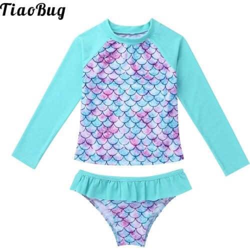 TiaoBug 3 To 8 Years Summer Kids Girls Swimwear Long Sleeves Fish Scales Printed Rashguard Tops With Bottoms Swimsuit Bikini