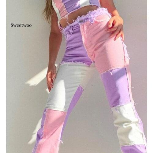 Patchwork Contast Color Hip Hop Trousers Women High Waist Street Wear Vintage Tassel Casual Denim Pants