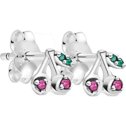 Original Me Collection My Cherry Stud Earrings With Crystal For Women 925 Sterling Silver Earring Gift DIY Pandora Jewelry