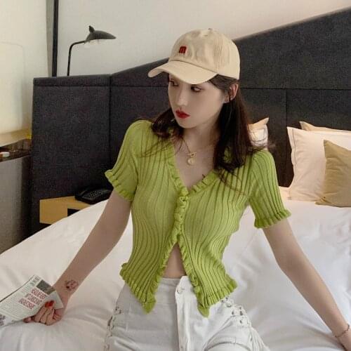 Popular Short Sleeve Single Breasted V-neck Knitted Sweater Top Retro Ruched Knitted Top