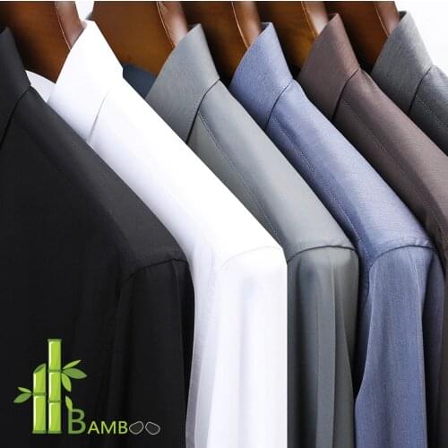 BAMBOO FIBER Long Sleeve Shirt Mens Breathable Casual Men Shirts Slim Fit Solid Color Formal Wear For Business 4XL White Black