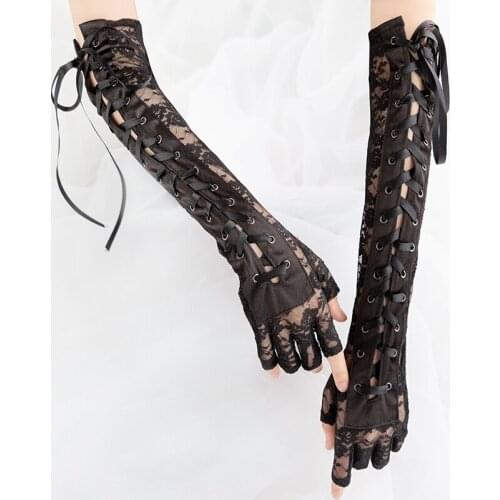 Sexy Lace Strap Gloves Long Sexy Ribbon Half Finger Etiquette Prom Gloves with Accessories Women Gloves Lace Gloves