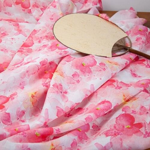 One meter High end ramie sewing Pink flowers fabric cloth dress robe cheongsam tissu