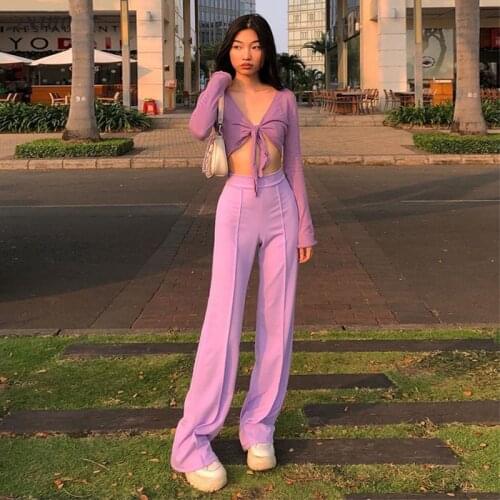 Women Purple Flare Pants Casual High Waist Comfort Trouser Slim Elastic Elegant Straight Pants Solid Color Simplicity Trouser