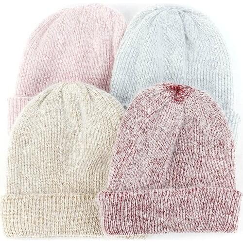 Women Knitted Benies Hats Casual Soft Skull Cap Plain Color Elastic Skullies Autumn Winter Warm Hat With Velvet Thick For Female