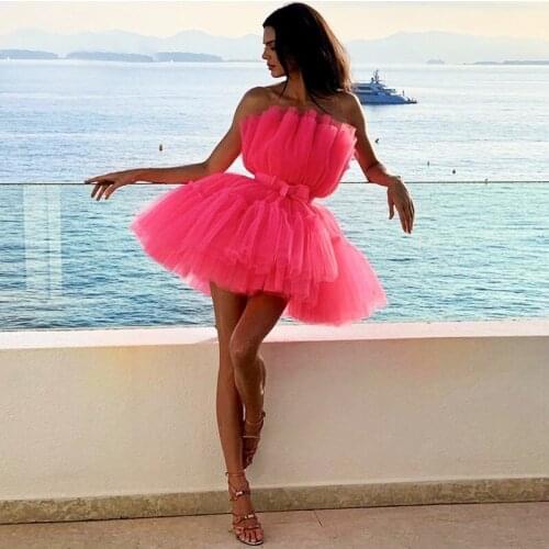 Sexy Pink Strapless Bow Evening Dress 2020 Puffy Tulle Prom Gowns Robe de soiree LE40750