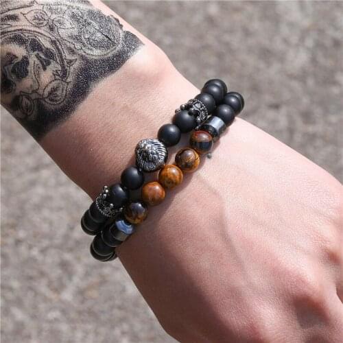 2pcs/set CZ Crown Tiger Eye Beads Men Bracelet 2020 Royal Lion Charm Couple Bracelet Sets For Men Fashion Jewelry Gift