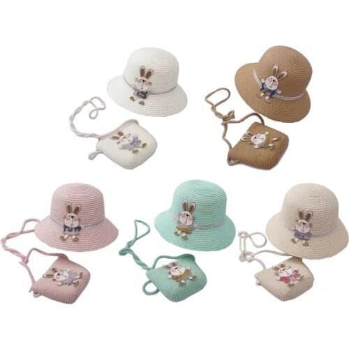 2021 Baby Summer Straw Hat Girl Kids Holiday Beach Bucket Hats Children Bunny Cap Sun Hat Shoulder Handbag Bag Props Gift
