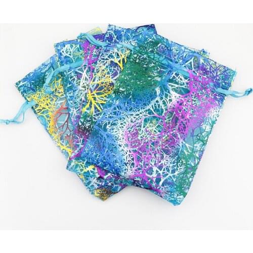 50pcs/lot 9x12cm Blue Coral Organza Bag Drawable Charms Candy Jewelry Packaging Bag Pouches Cute Small Organza Gift Bags