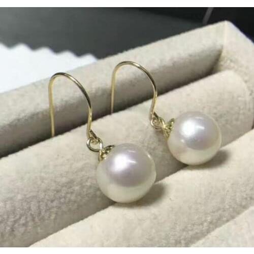 9.5-10MM AAA PERFECT south sea white pearl earrings 14K GOLD
