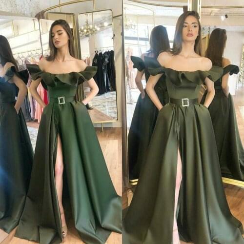 Army Green Prom Dresses 2020 Off Shoulder Ruffles Satin Evening Gowns Side Split Formal Long Party Dress Vestido