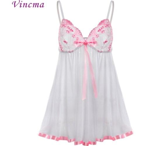 S- 6XL Plus Size Women Embroidery Bra Bow Pink Lace Dress Underwear Hot Sexy Lingerie Babydolls Transparent Dress Exotic Apparel