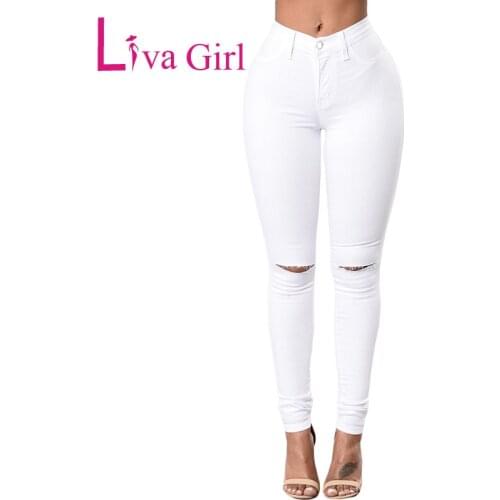 LIVA GIRL Women Sexy Black Stretch Slit Knee Denim Pants 2019 High Waist Ripped Hole Fitness Pencil Jeans Long Trousers Leggings