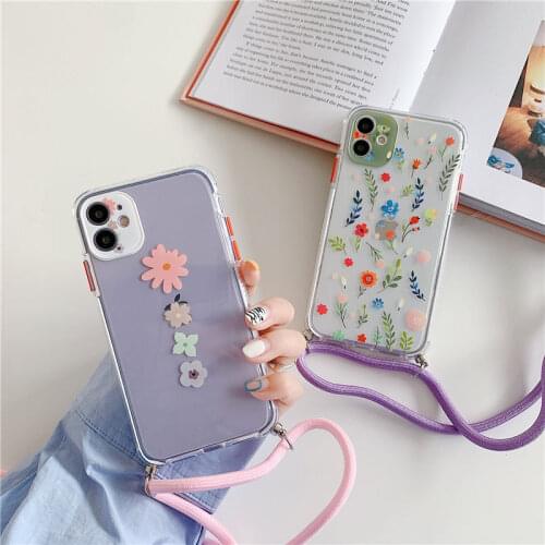 Flower Leaves Elegant Sling Case For iPhone 12 Pro Max 12 Mini 11 Pro Max X XS Max XR 7 8 Plus Cute Hang Out Cover Gift