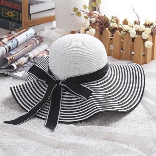 Hot Sale Fashion Hepburn Wind Black White Striped Bowknot Summer Sun Hat Beautiful Women Straw Beach Hat Large Brimmed Hat