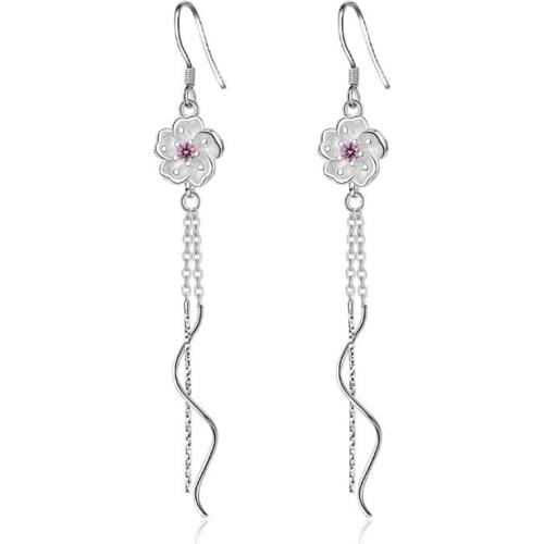 Korean Temperament Long Tassel Fashion 925 Sterling Silver Jewelry Wave Cherry Blossoms Flowers Crystal Dangle Earrings SE501