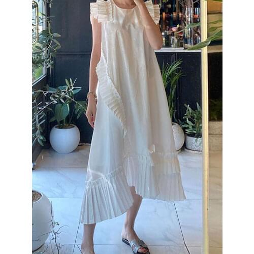 Summer Womens Dress Korean Style Pleated Stitching Round Neck Solid Color Dress New Loose Casual Irregular Female Dresses LL357