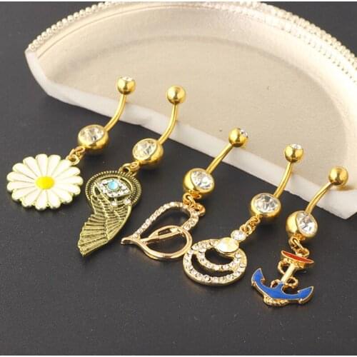 Surgical Steel Crystal Belly Button Piercing Set 14G Heart Belly Piercing Pack CZ Navel Ring Set Cute Belly Bar Bulk 5 Style Mix