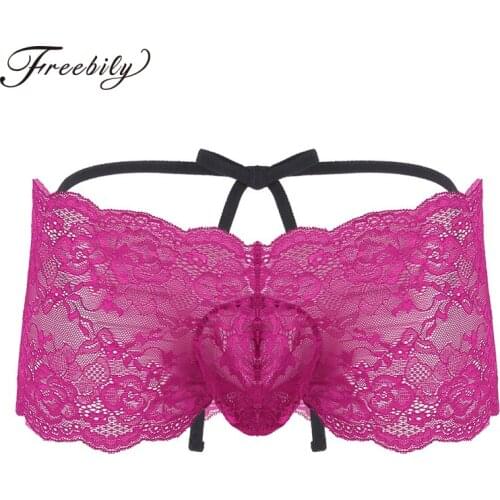 Sexy Erotic Homens Mens Lingerie See Through Floral Lace Strappy Bulge Pouch Low Rise Sissy Bikini Briefs Underwear