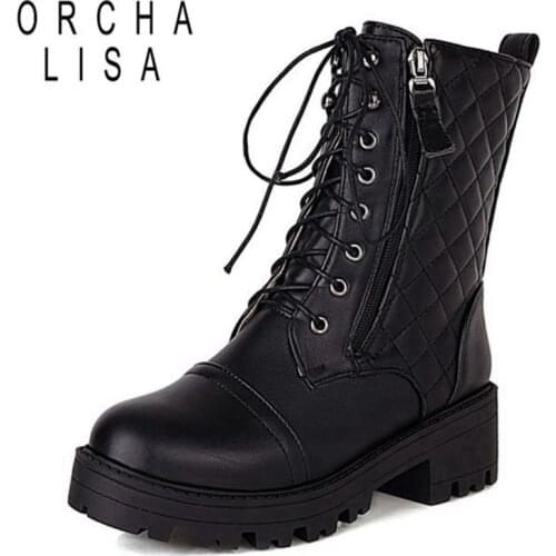 ORCHALISA New Fashion Winter motorcycle Boots For Women Lace-up Mid-calf Boots Black White Winter Spring Pu Leather Hiking Shoes