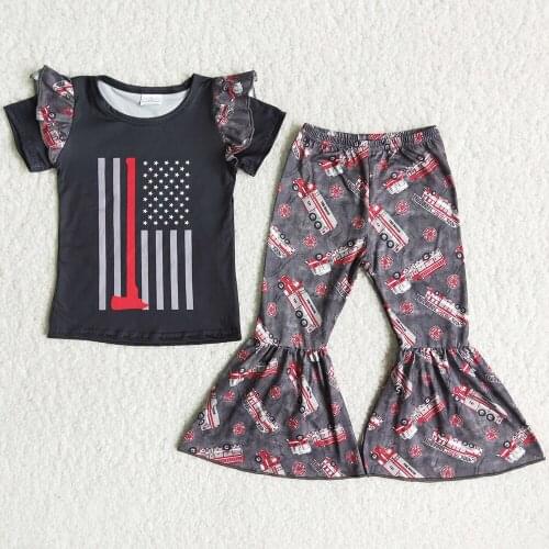 RTS Wholesale Baby Girls Designer Clothes Fire Truck Print Girls Spring Summer Clothing Boutique Short Sleeve Bell Bottom Outfit